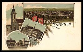 Lithographie Zofingen, Rathaus, Straßenpartie an der Post, K