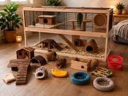 Hamsterkäfig Zubehör Set Naturholz mit mehreren Häusern etc.