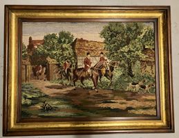 Jagd Stickbild Gobelin handgestickt Vintage Rahmen