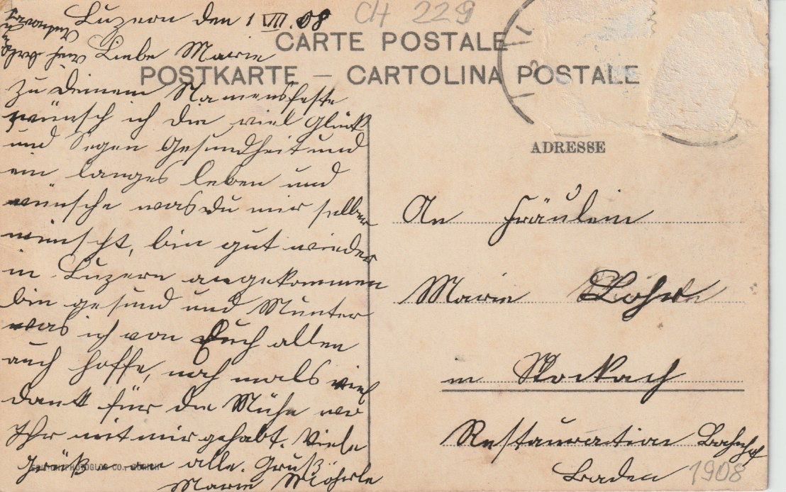 Cartoline postali: CH 228 Luzern, Hotel Schweizerhof, 1909 – Usato da Freienbach venduto da Bhaltis 1