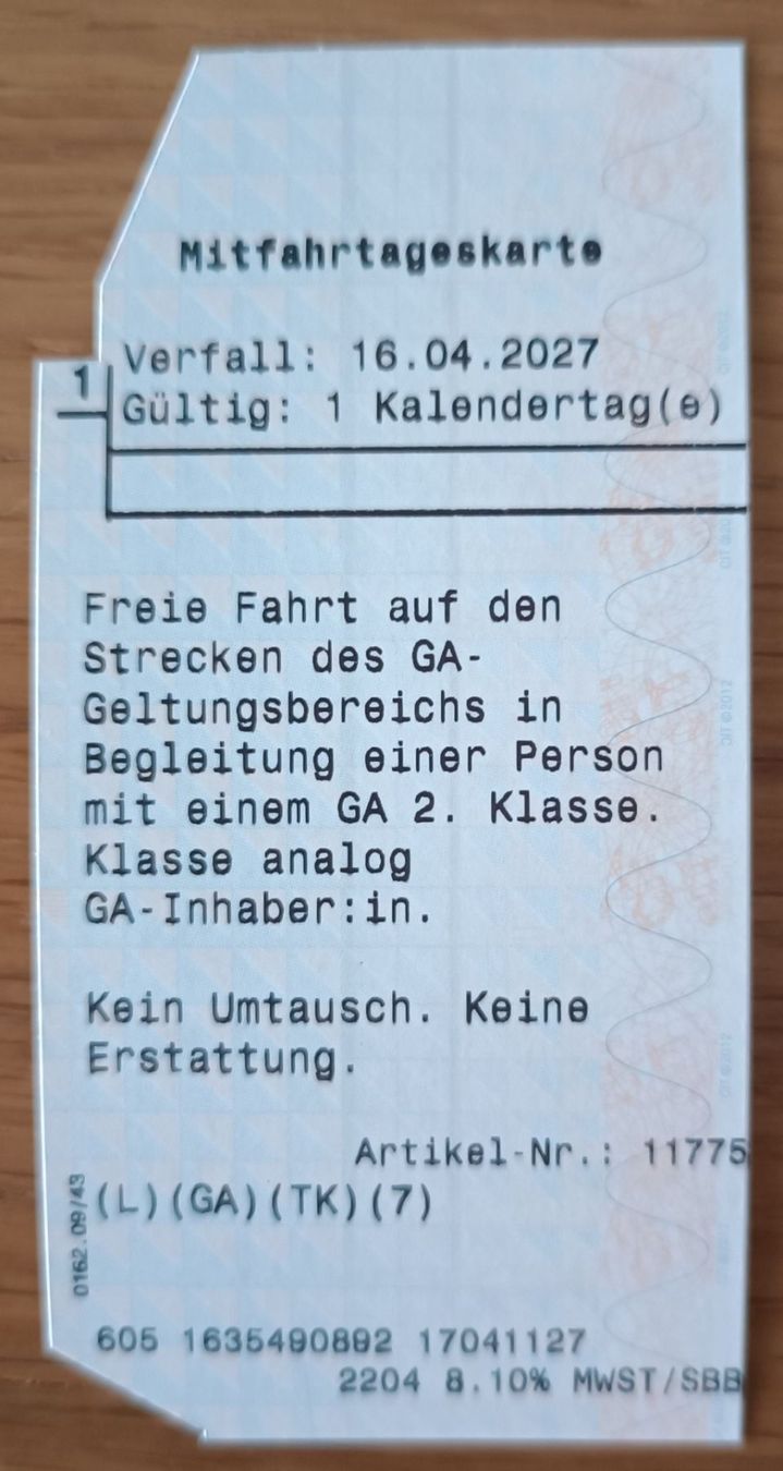Billets: SBB-Mitfahrtageskarte – Neuf (Voir description) à Steinhausen par hschaefer