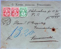 1907 NACHNAHME RUEGGISBERG NACH ZIMMERWALD MISCHFRANKATUR
