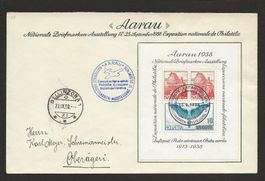 1938 W11 Block Aarau Flugpost Bellinzona nach Oberägeri Zug