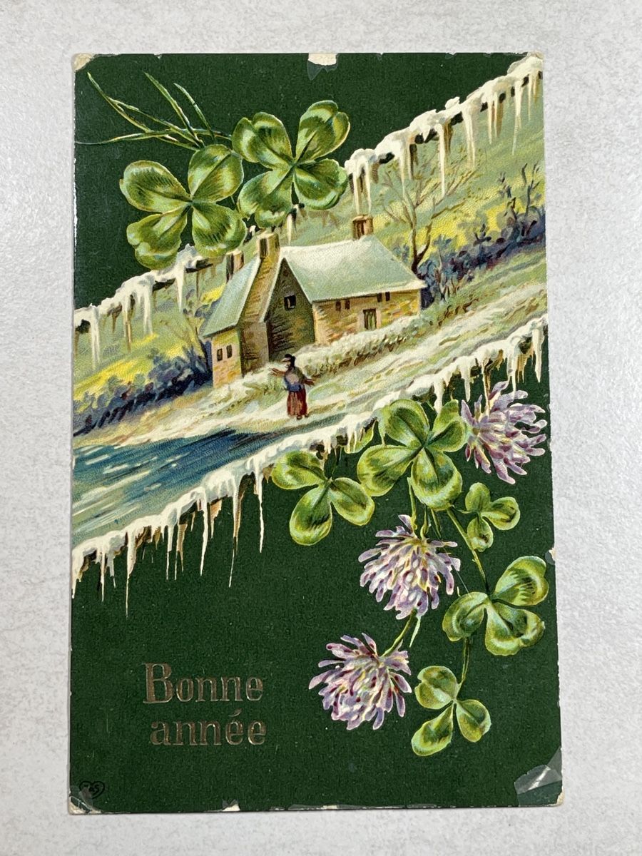 Cartoline postali: Alte Winter Postkarte mit Klee - "Bonne Année" – Usato da Strengelbach venduto da Aschatan5