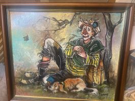 Gemälde Clown mit Hund "La Siesta" C. Demange Reproduktion