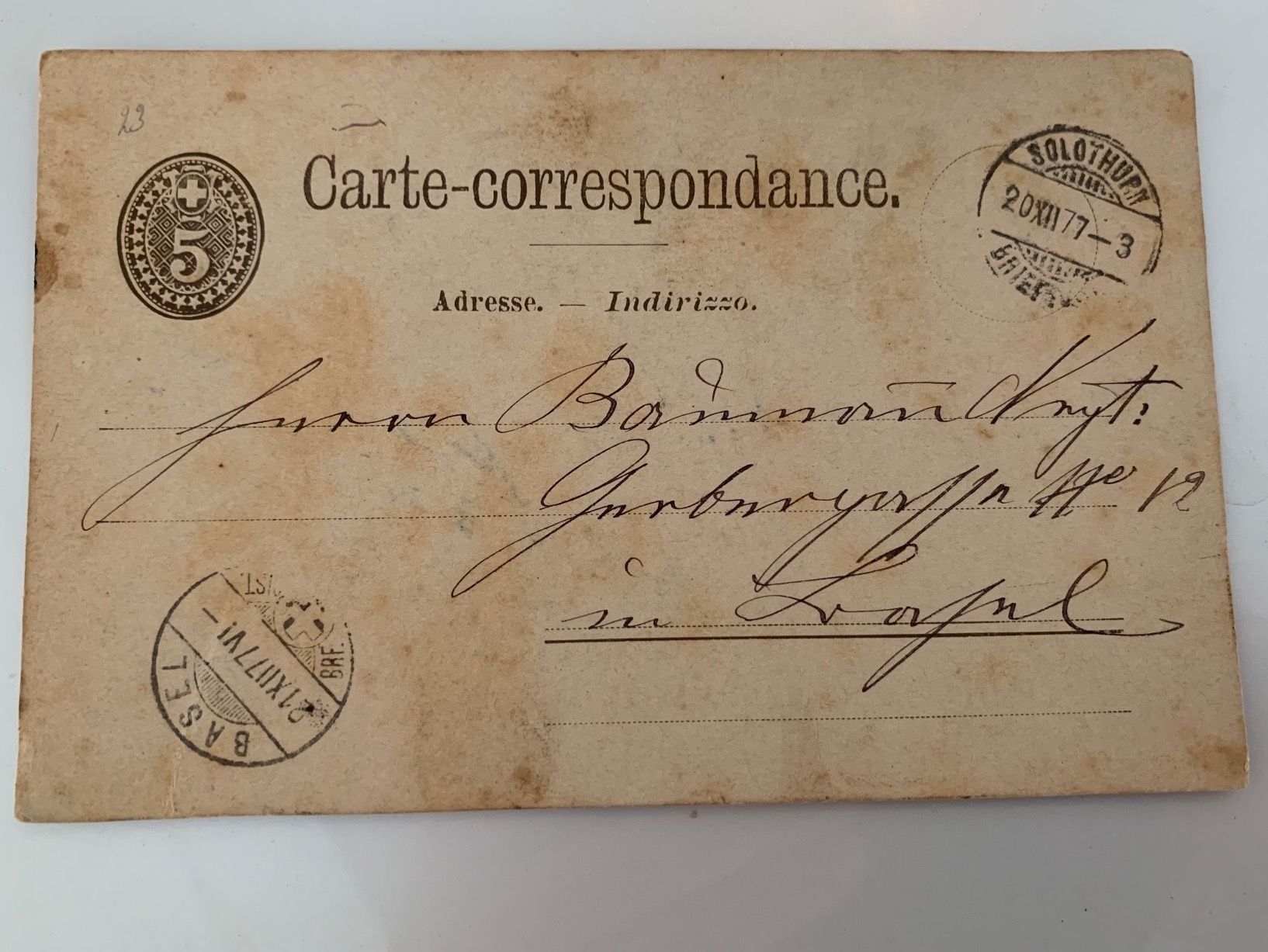 Cartoline postali: sehr alte Postkarte Schweiz Solothurn 1877 – Usato da Erlenbach ZH venduto da Ritschly