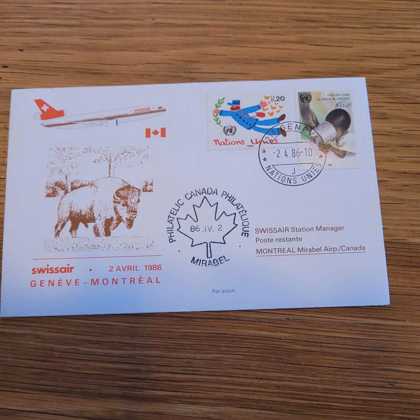 Tutti i francobolli: Luftpost Brief Genève Montréal 1986 – Usato da Biel/Bienne venduto da Destockweb