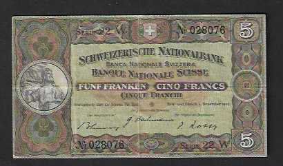 Billets de banque: CH  -  5  Fr.  1942  Gebraucht – D'occasion à Gordola par coinsandnotes