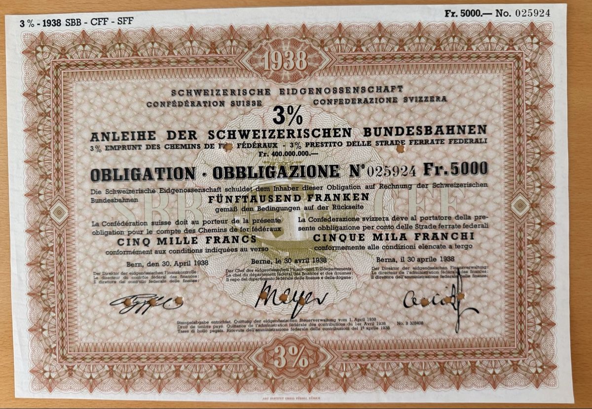 SBB/CFF/FFS Documenti: Historische Obligation SBB 3% 1938 – Usato da Bern venduto da Spomme