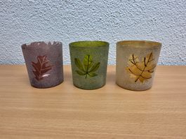 Teelicht Glas, Windlicht, Teelichthalter Ahorn (3 Stk)