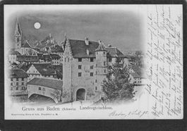 ^Mondscheinkarte Baden AG , Landvogteischloss , gel. 1898