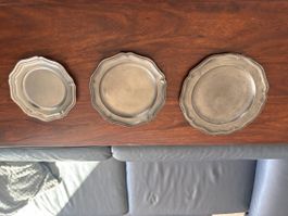 4 Vintage Pewter Plates Wall Decor Rustic Farmhouse Style