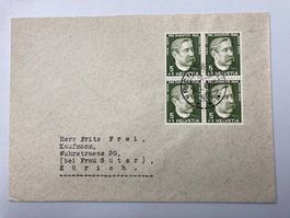 Pro Juventute Briefmarken-Brief 1944, 4er Block auf Kuvert
