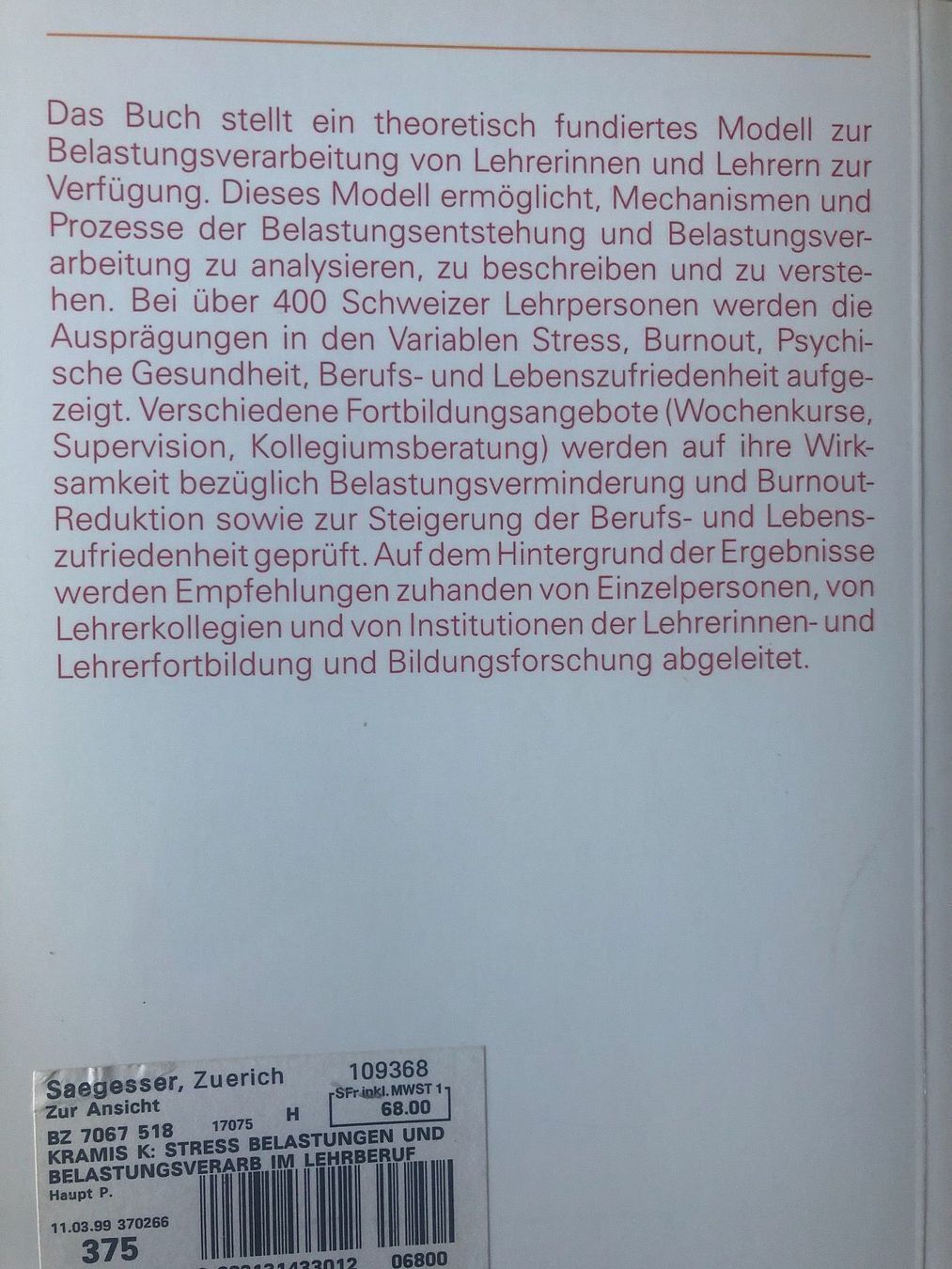 Libri: Stress Belastung im Lehrberuf – Usato da Zürich venduto da Nsaeg 1