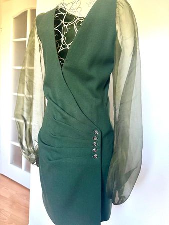 Azzaro Paris Green Wool Silk Dress Size 38 Sheer Sleeves