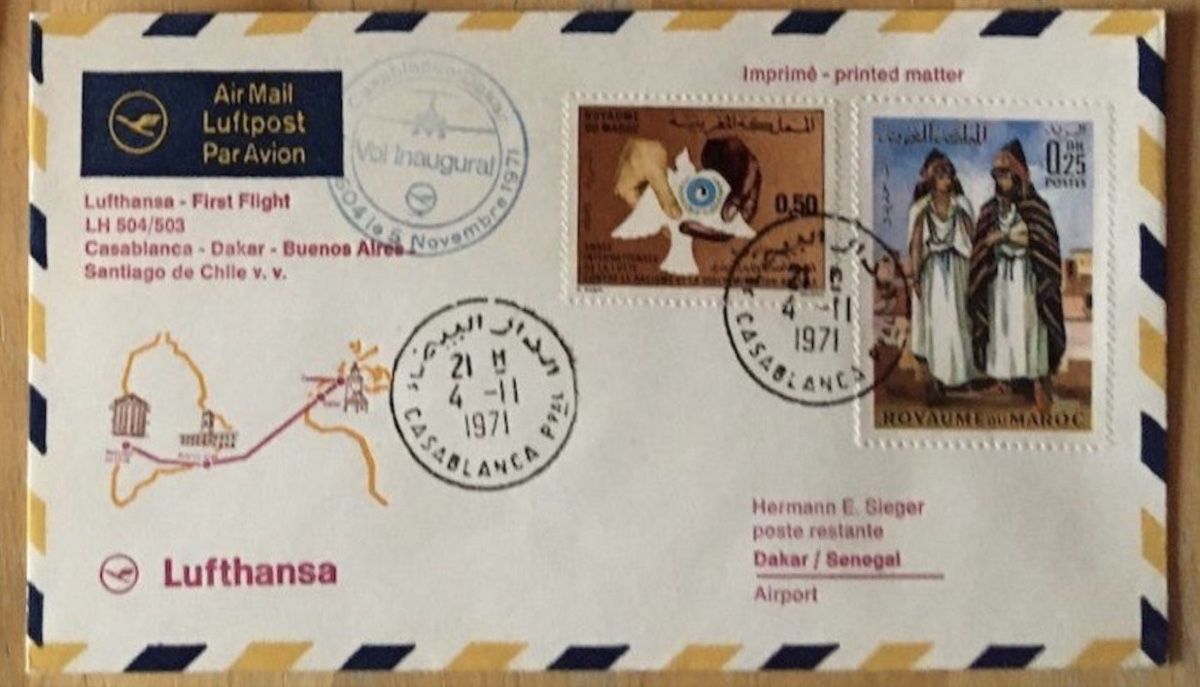 Tutti i francobolli: Lufthansa Erstflug Casablanca Dakar 1971 Flug-post Brief – Usato da birsfelden venduto da tim0444