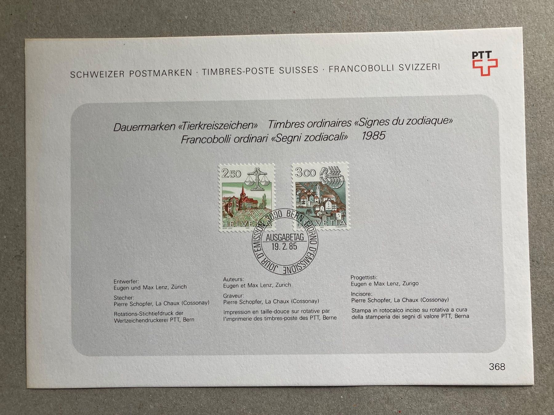 Alle Briefmarken: Sammelblatt Dauermarken "Tierkreiszeichen" 1985 gestempelt – Neu und originalverpackt aus Niederurnen von Alpineyeti