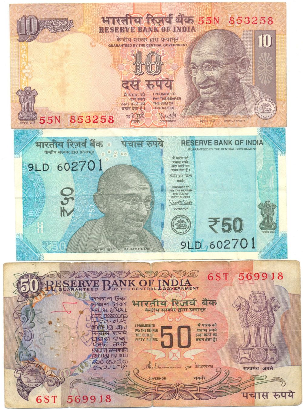 Banconote: Indien 10, 50, 50 Rupees – Usato da Au SG venduto da Zogu