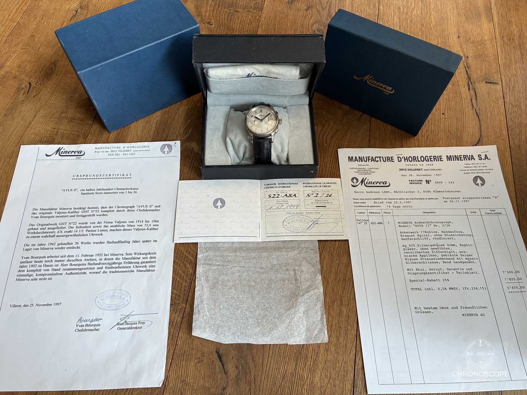 Orologi: Minerva AVUS II Chronograph Reference S22-A8A – Full Set – Usato da Luzern venduto da ChronoScope6004 8
