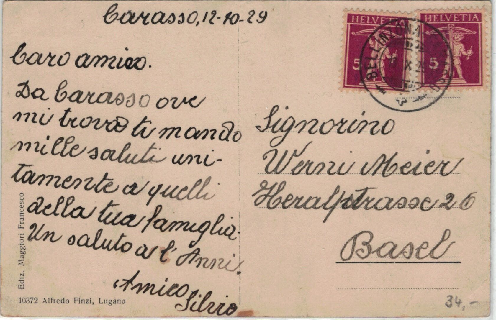 Ansichtskarten: TI 13 Saluti da Carasso 1929 – Gebraucht aus Fribourg von philafri 1