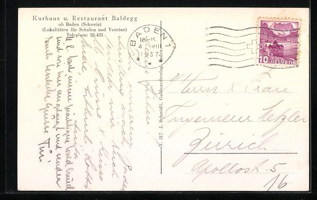 Cartoline postali: Baden, Restaurant Baldegg mit Gartenwirt – Usato da Berlin venduto da bartko-reher 1