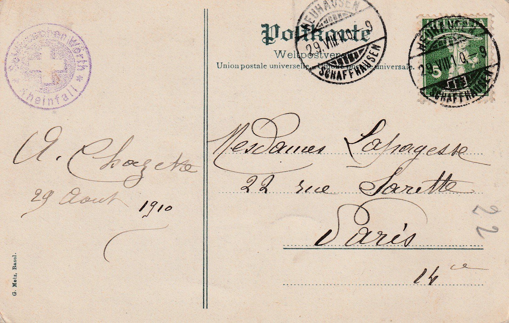 Cartoline postali: AK Rheinfall gel. 29.8.1910 – Usato da Fribourg venduto da schnalla92 1