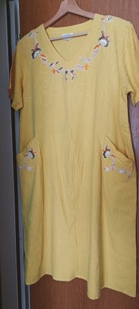Vestito donna giallo taglia L con ricami floreali misto lino
