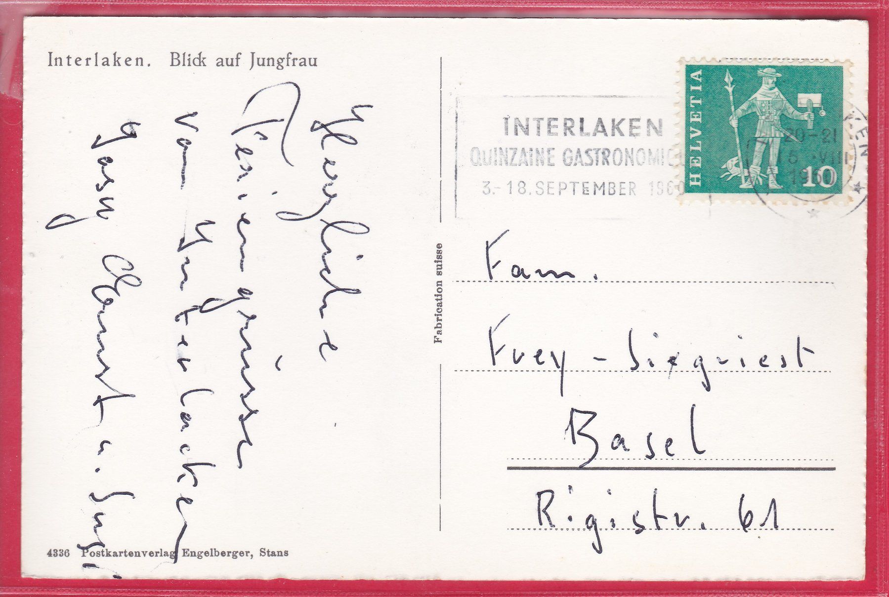 Ansichtskarten: INTERLAKEN, BLICK AUF JUNGFRAU, 5.8.1960 – Gebraucht aus Oberrieden von Gebirgsstelze 1