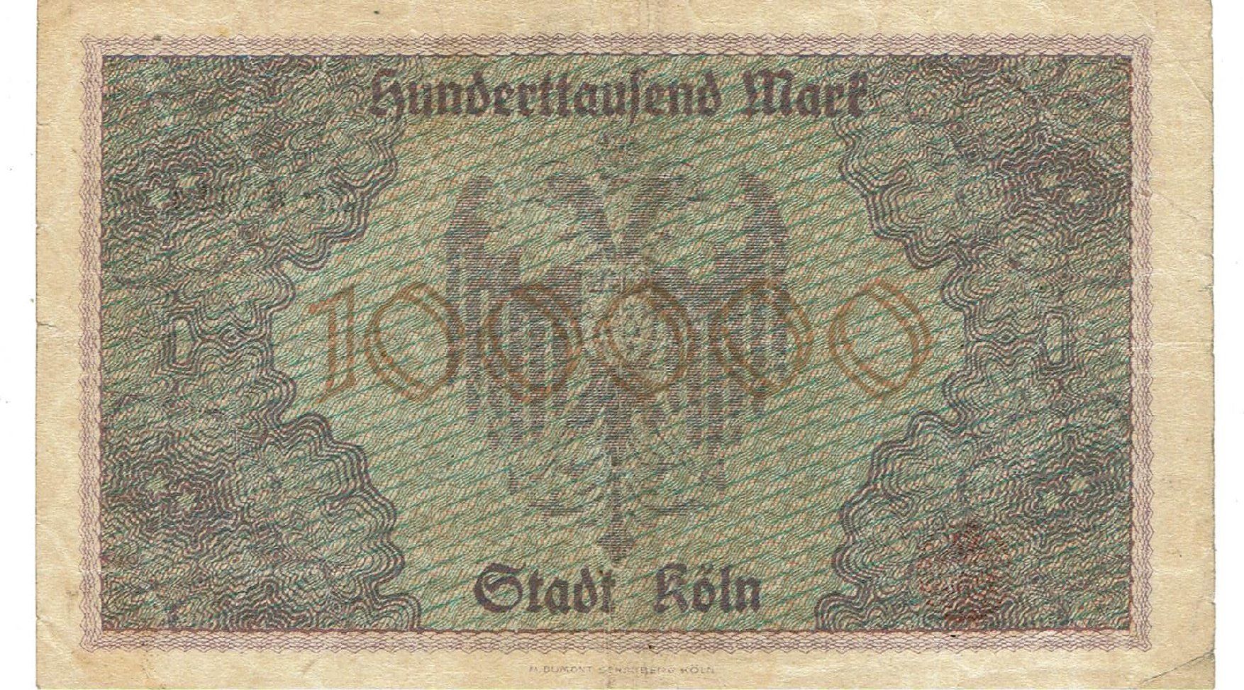 Banconote: Köln 100000 Mark 01.07.1923 SS++ – Usato da Steffisburg venduto da ber_8htf 1