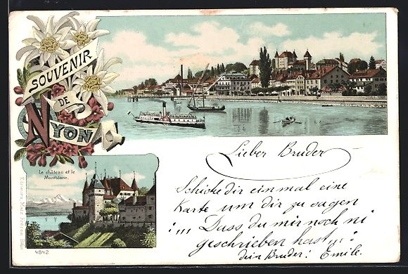 Cartoline postali: Litho Nyon, Le château et le Montblanc, – Usato da Berlin venduto da bartko-reher