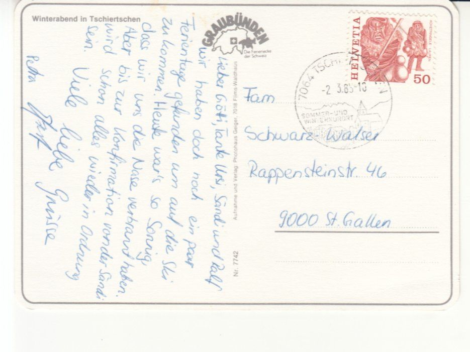 Cartoline postali: Tschiertschen 1985 – Usato da Bürglen TG venduto da StampGraf 1