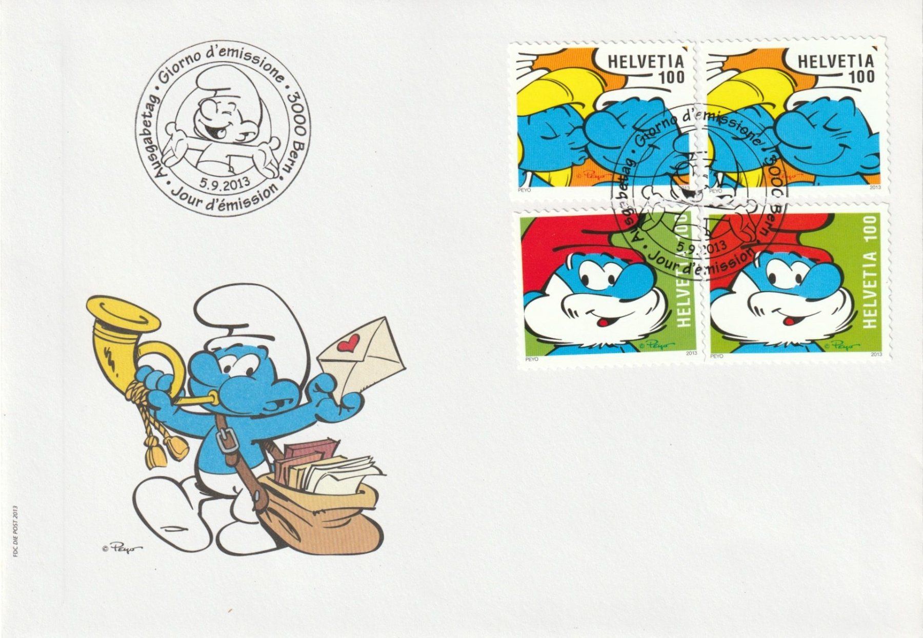 Tutti i francobolli: 2013, Combo-FDC "die Schlümpfe", mit Bogen- u Heftmarken – Usato da Turgi venduto da Mato8