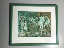 Lithographie Erika Streit, im Zirkus, signiert und gerahmt