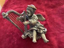 Vintage Zinn Engel Figur mit Harfe Dekoration Marke FORT