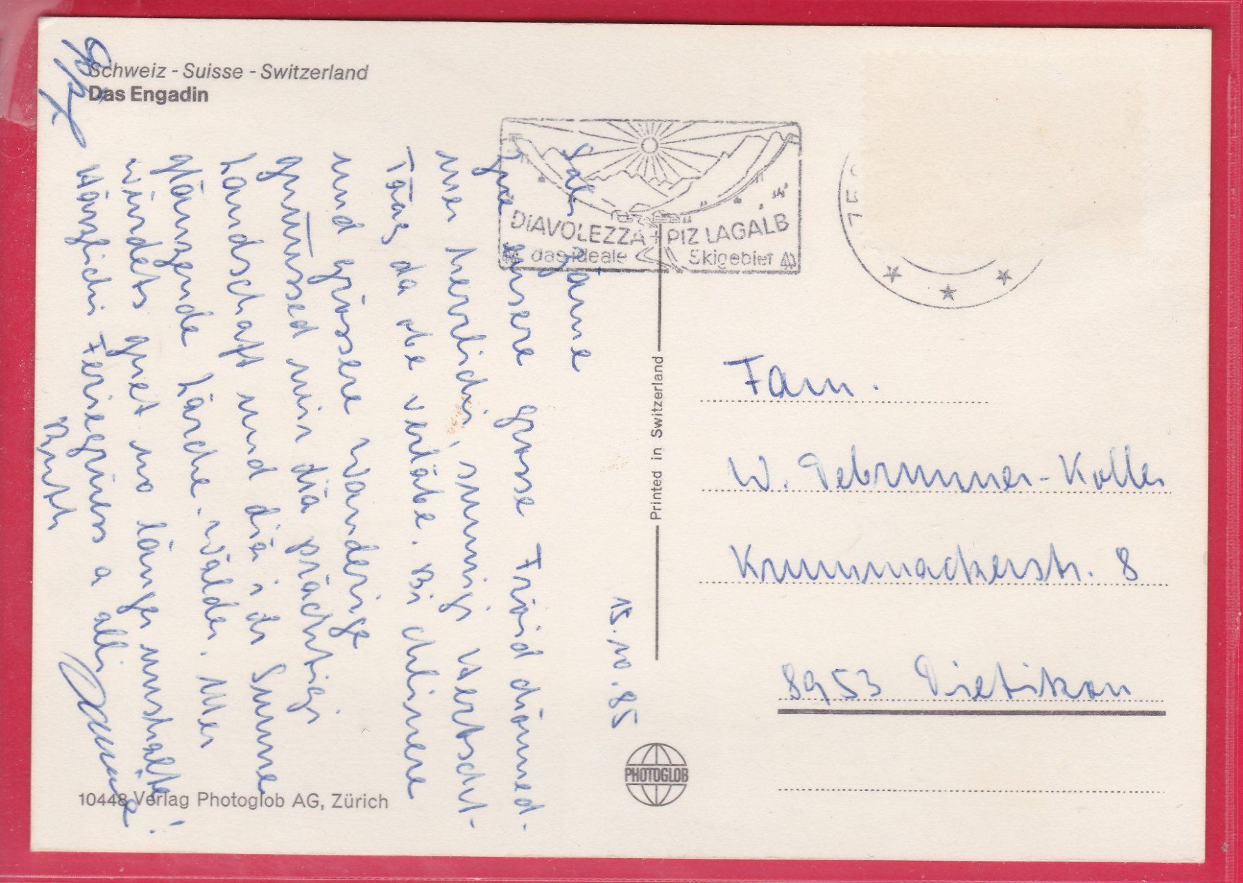 Cartoline postali: DAS ENGADIN, 15.10.1985 – Usato da Oberrieden venduto da Gebirgsstelze 1