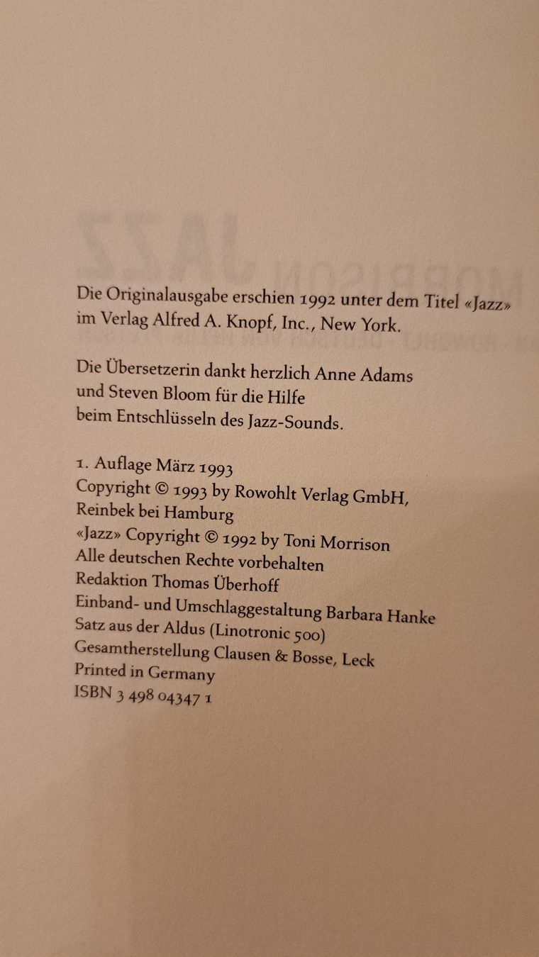 Bücher: Toni Morrison, Jazz, Roman Rowohlt, 1993 – Gebraucht aus Zürich von chusel 3