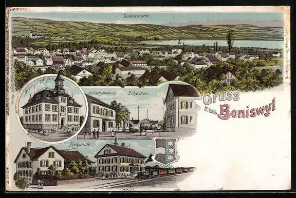 Cartoline postali: Litho Boniswil, Bahnhof, Handlung Hollig – Usato da Berlin venduto da bartko-reher