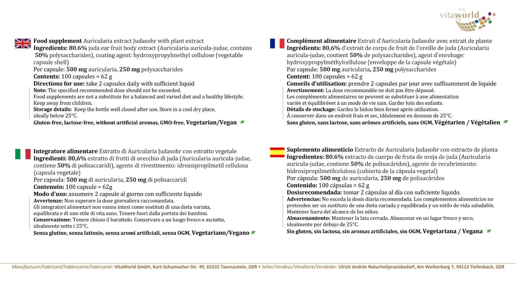 Letteratura sanitaria: Auricularia Extrakt 500mg 100 Vegi Kaps. – Nuovo e nell'imballaggio originale da Tiefenbach venduto da nhp-bedarf 2