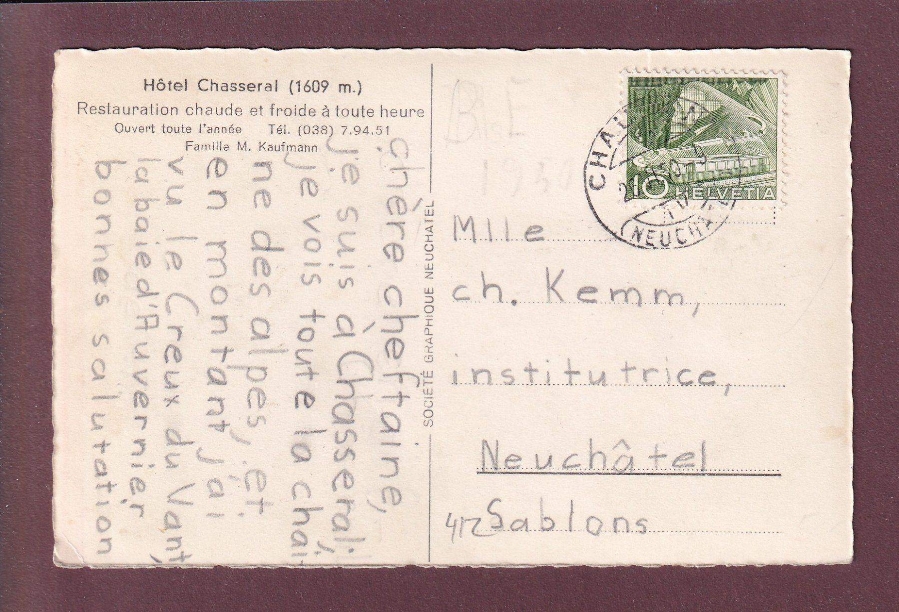Cartoline postali: CHASSERAL - 8 images - 1950 – Usato da Pully venduto da nicecards 1