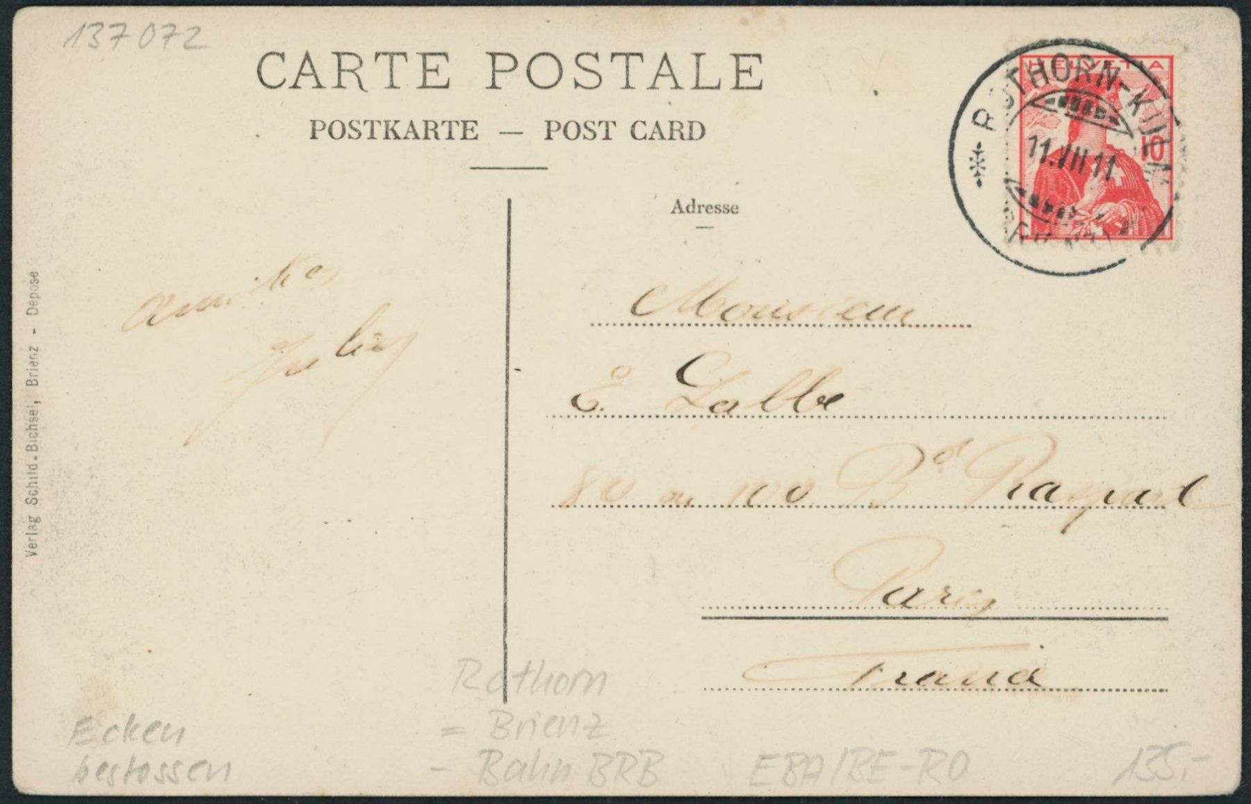 Cartoline postali: BE Rothorn - Bahnhof BRB - Brienz – Usato da Schindellegi venduto da leecollect 1