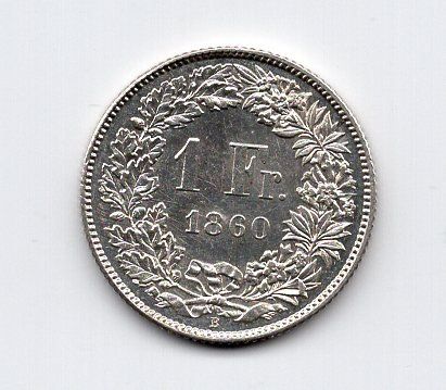 Tutti le monete: (1278) CH, 1 Franken 1860, Prooflike, stgl – Usato da Rüthi (Rheintal) venduto da erdnuessli1