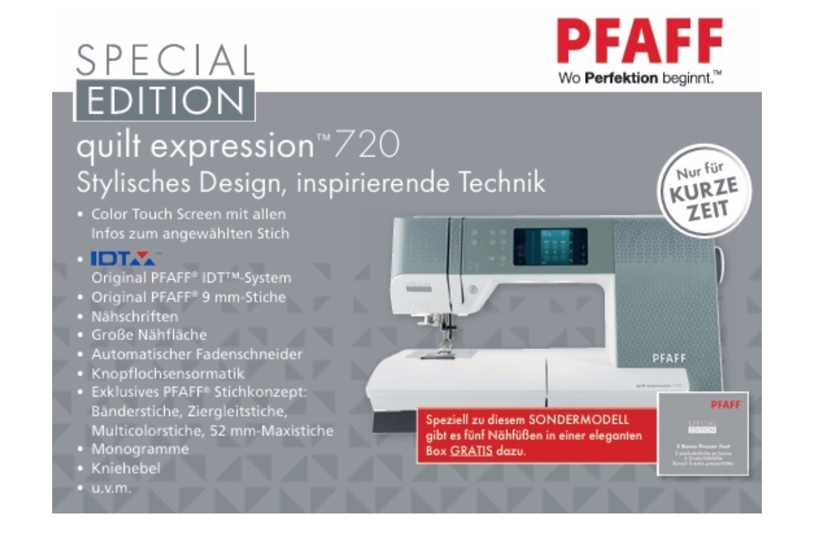 Pfaff Macchine da cucire: Pfaff Quilt Expression 720 Special Edition, Nähmaschine – Nuovo e nell'imballaggio originale da Oeschseite venduto da matina5