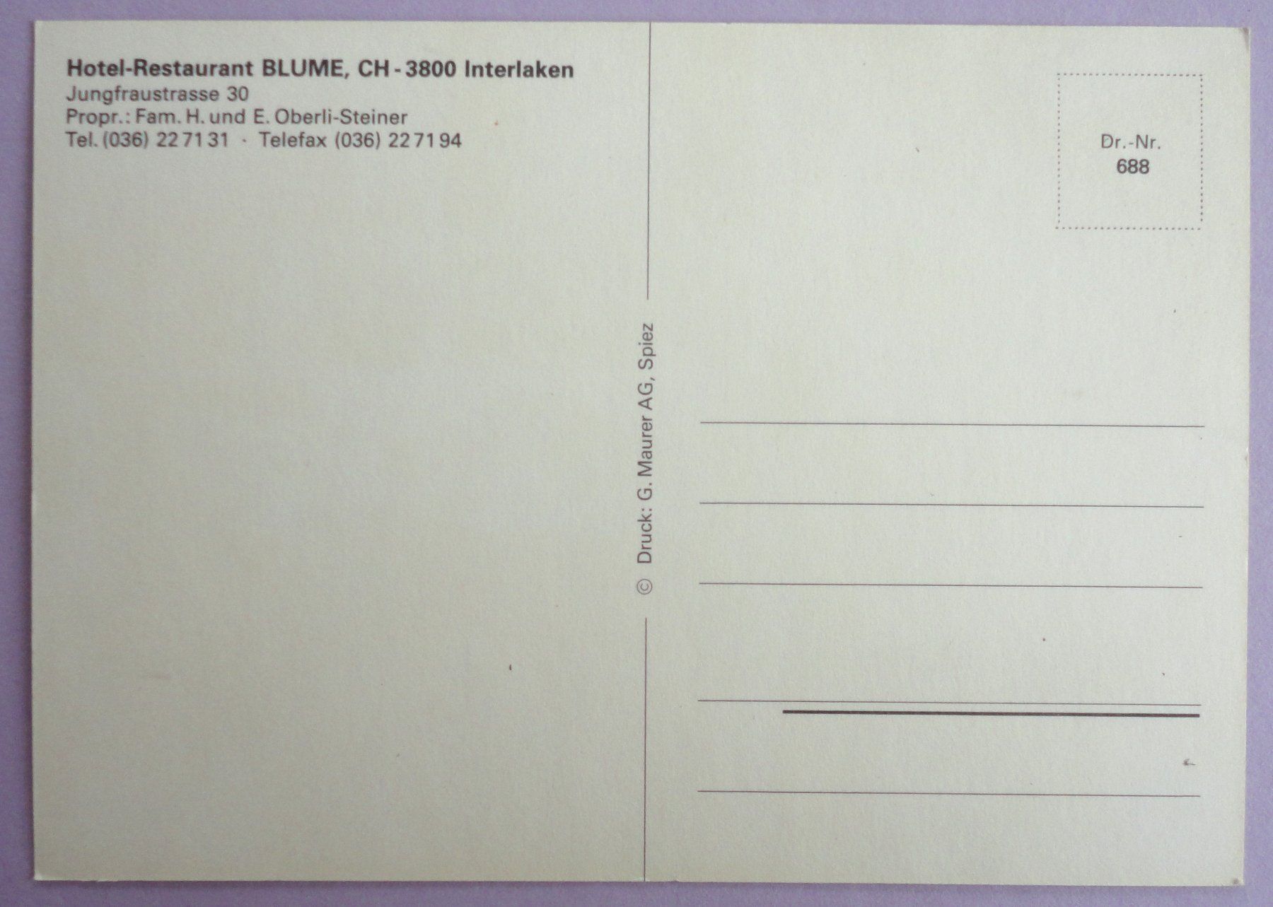 Cartoline postali: Hotel-Rest. Blume, Interlaken – Usato da Fétigny venduto da Billy2miny 1