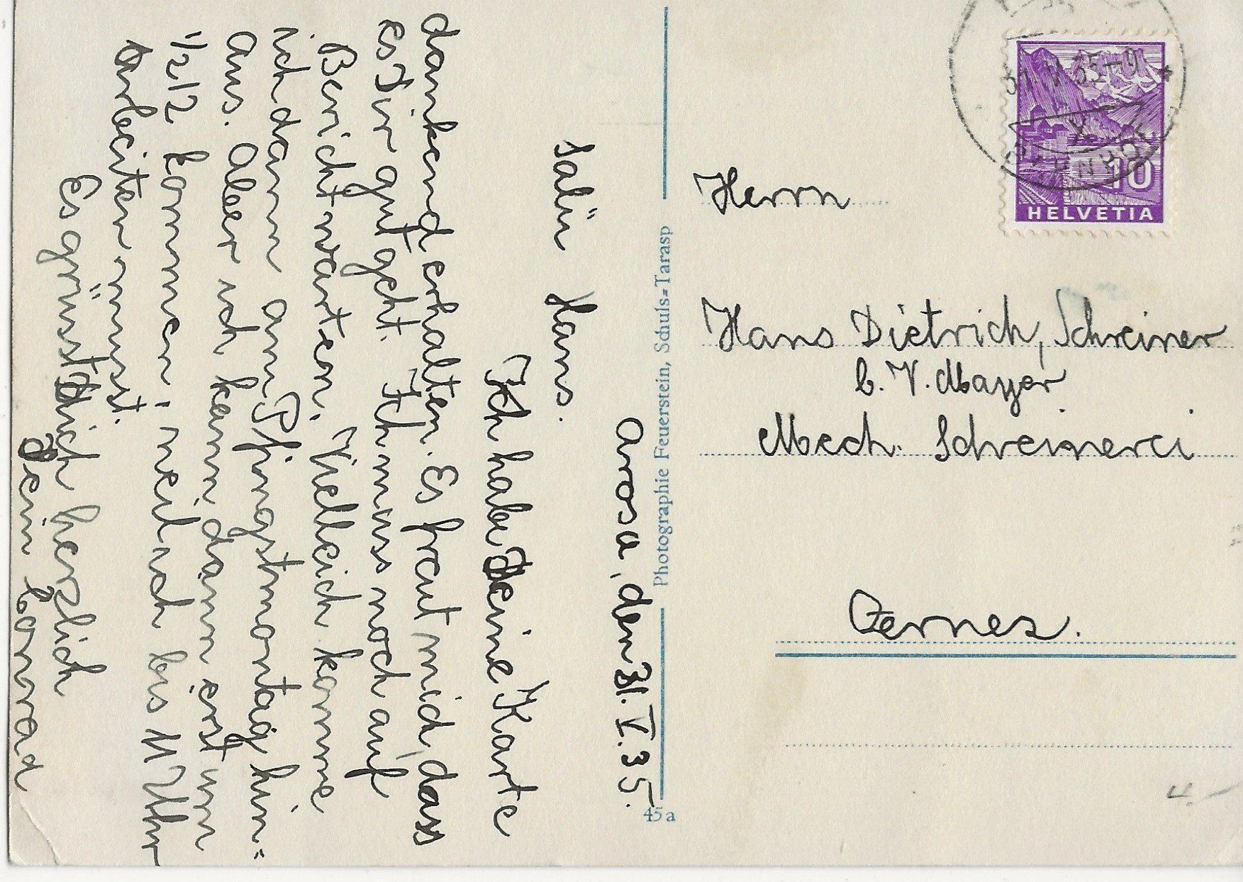 Cartoline postali: Prätschli,Arosa,Feuerstein,1935 – Usato da Frauenfeld venduto da Merk52 1