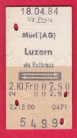 KARTON BILLETT, MURI(AG) - LUZERN, 2.KLASSE, RETOUR, HALBTAX