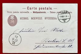 GANZSACHE POSTKARTE THUN BERN BERLIN DEUTSCHLAND 1881