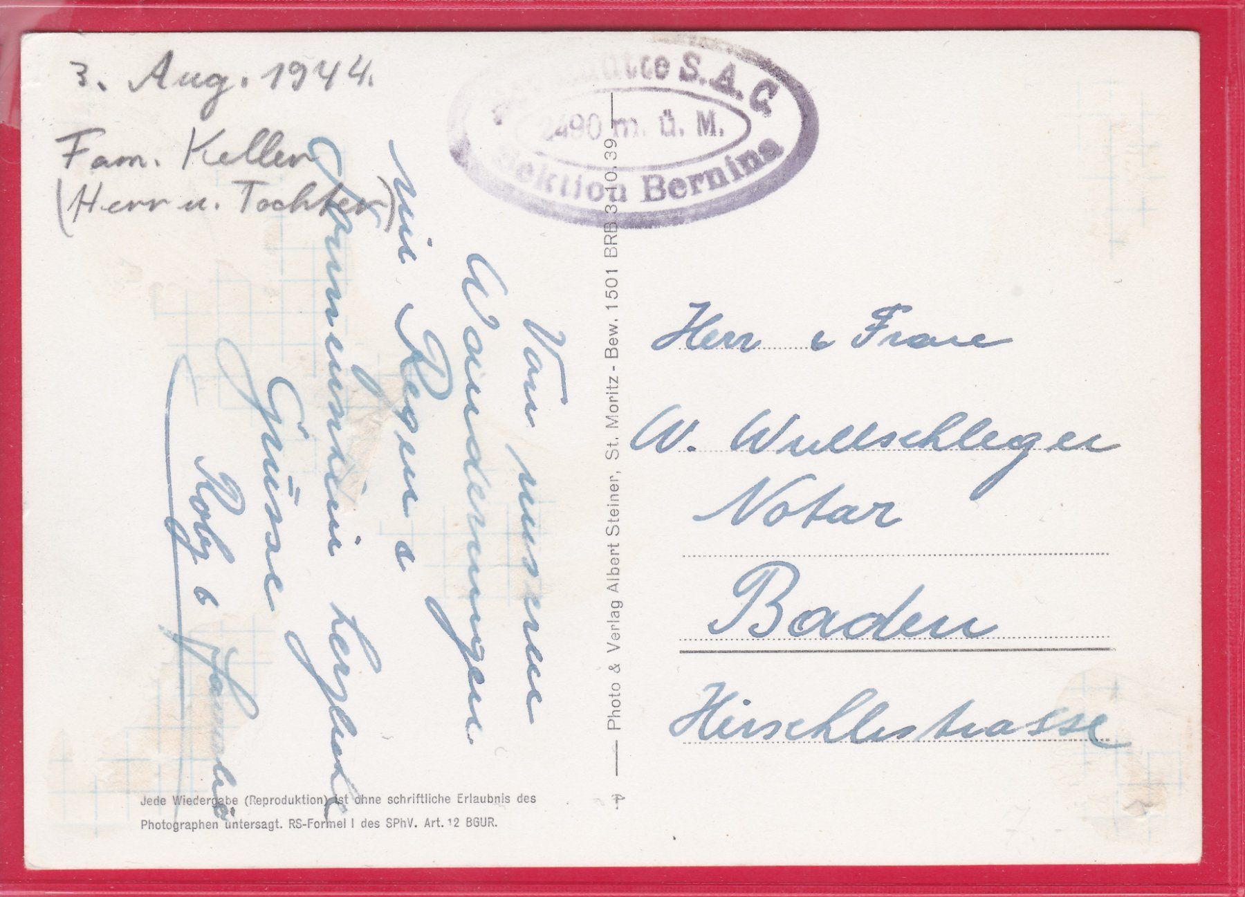 Cartoline postali: BOVALHÜTTE MIT PERSGLETSCHER, 1944 – Usato da Oberrieden venduto da Gebirgsstelze 1