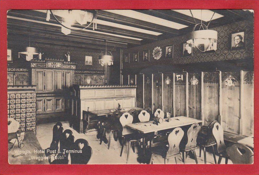 Cartoline postali: WEGGIS HOTEL POST UND TERMINUS, WEGGISER STÜBLI – Usato da Grüningen venduto da Kartenlaube