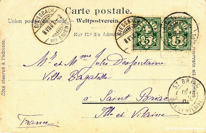 Cartoline postali: Giessbachfälle + 1901 Stempel Giessbach – Usato da Emmenbrücke venduto da teestube 1