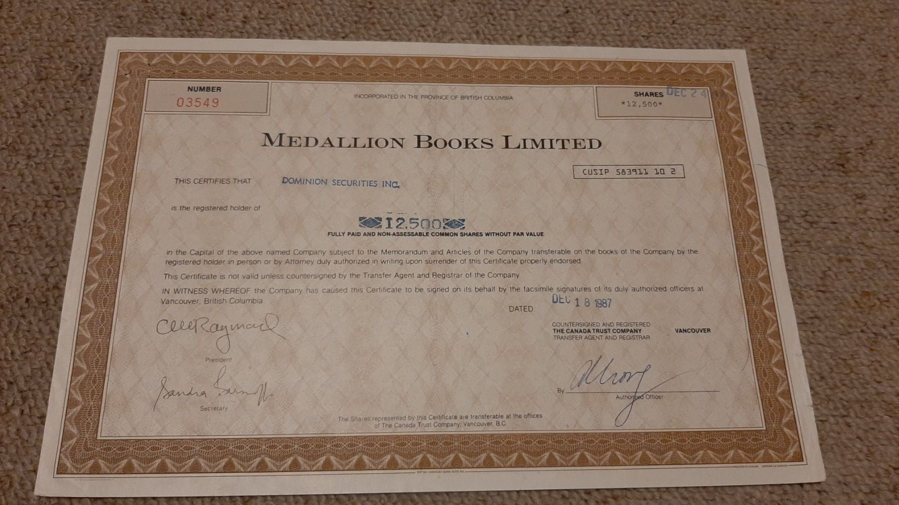 Documenti: Aktie Medallion Books Limited – Usato da Porza venduto da ulletta1